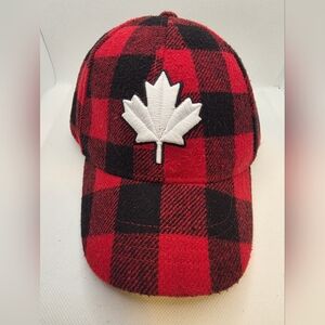 Red & Black Plaid Kids Cap with White Maple Leaf Patch